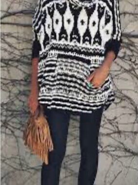 Free People Black and White Patterned Poncho Sweater